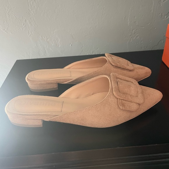 Buckle Flat Mules Pointed Toe Backless Mule Slides Suede - New - Picture 4 of 5